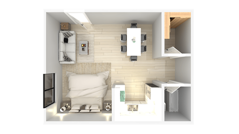 a 3d rendering of a bedroom with a living room